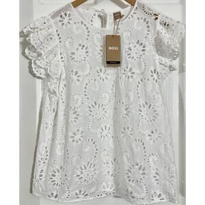 New BOSS Hugo Boss Womens White Iembra Flutter Eyelet Top Blouse Shirt Size 8
